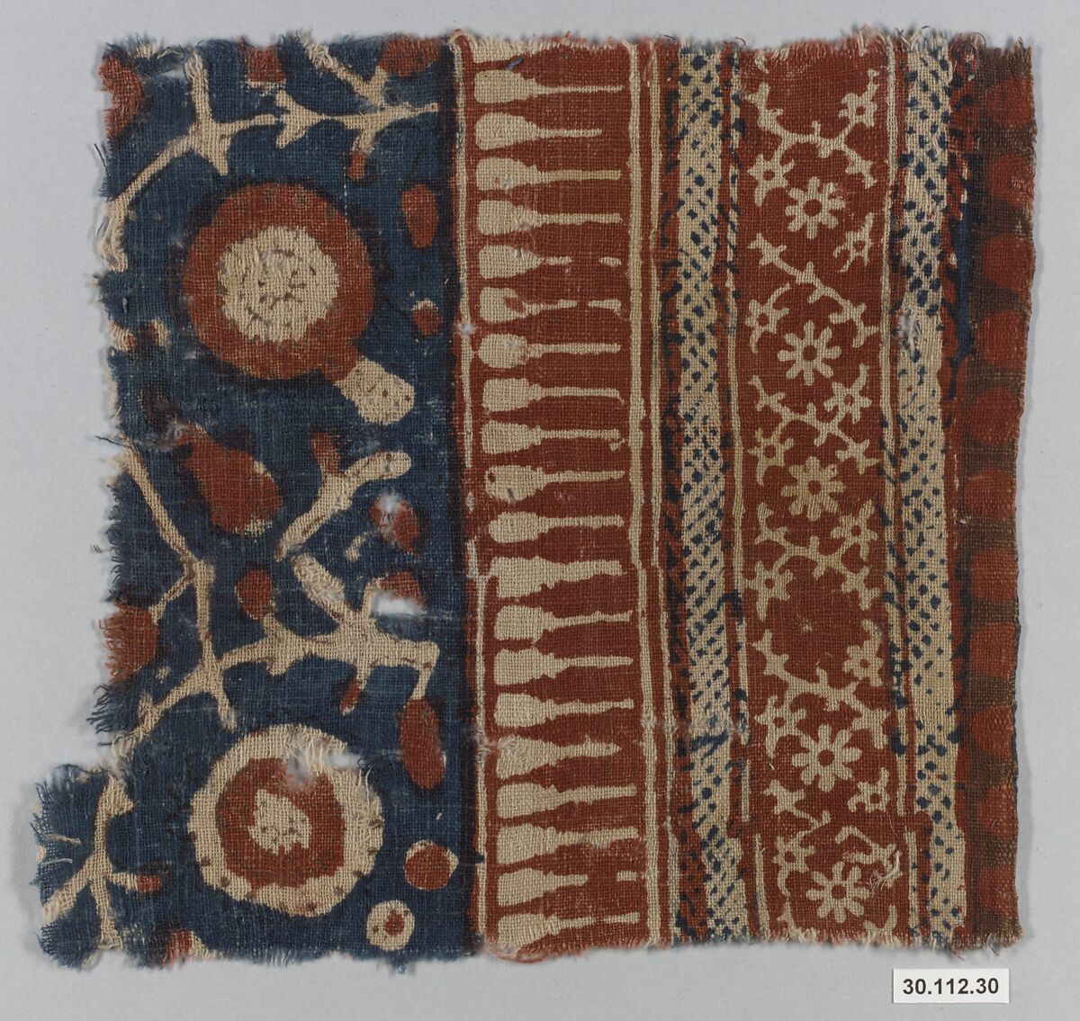 Textile Fragment, Cotton, plain weave; block-printed and/or painted, mordant and resist dyed