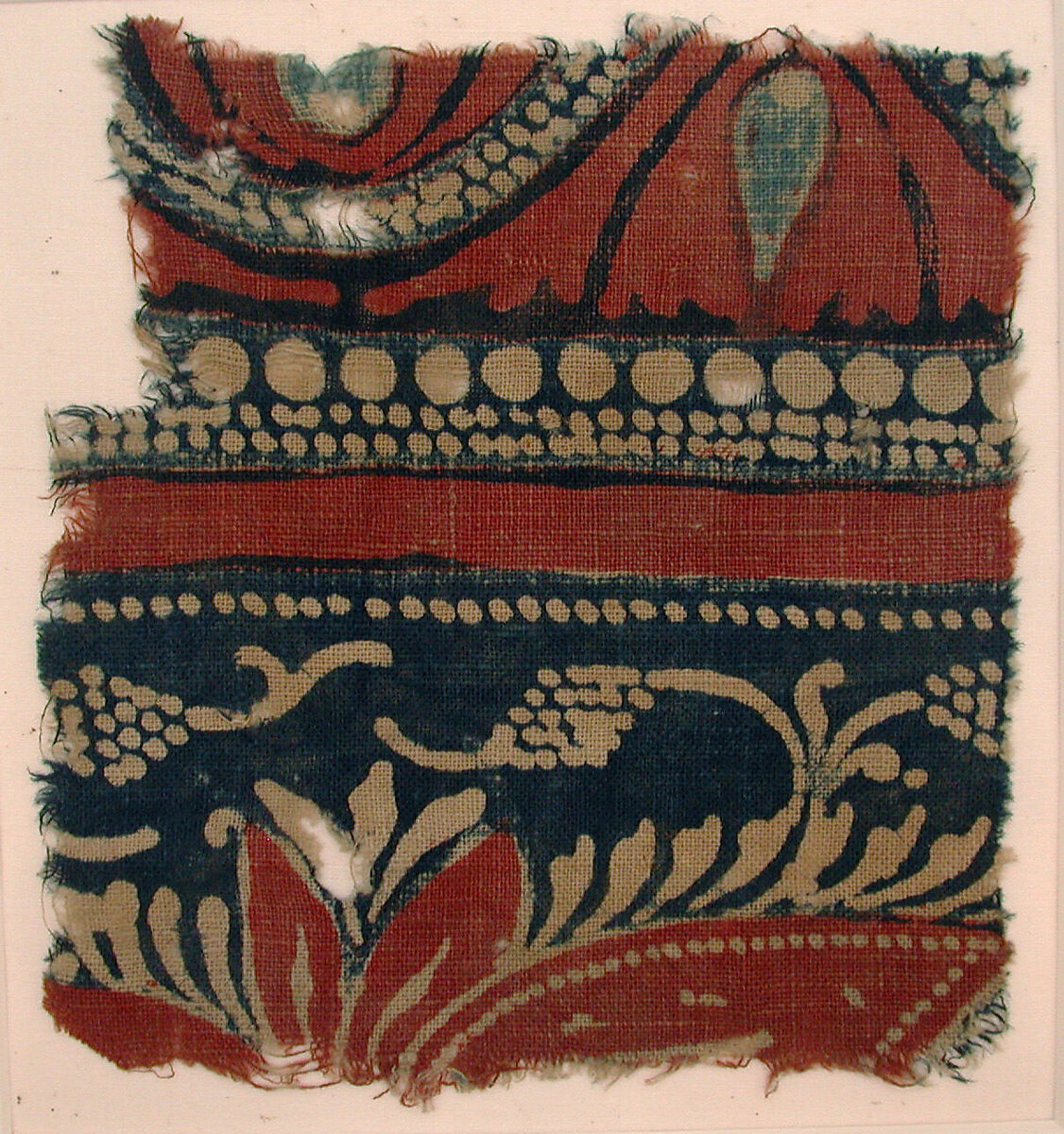 Textile Fragment, Cotton, plain weave; mordant and resist dyed 