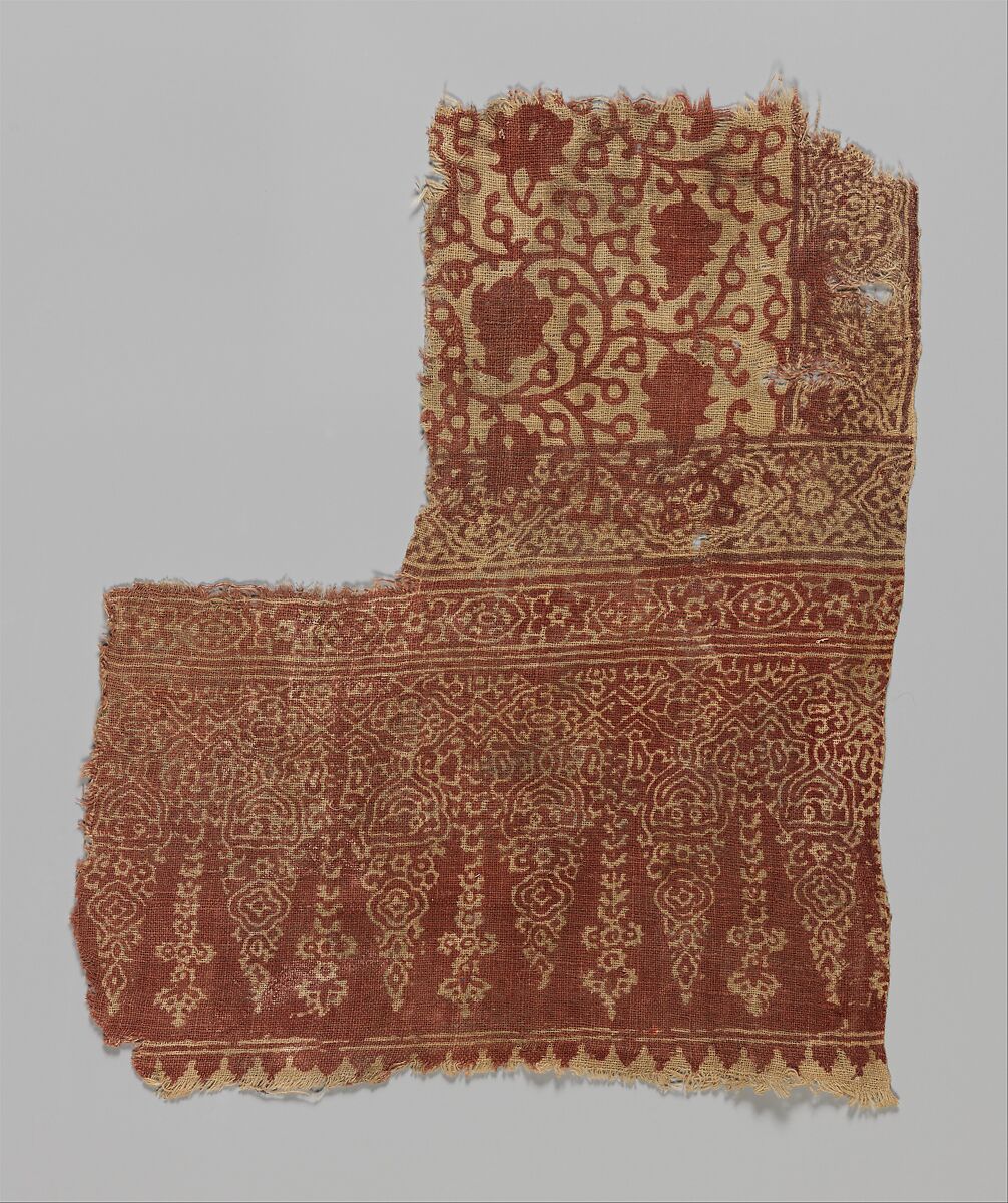 Textile Fragment, Cotton, plain weave; block-printed, mordant dyed 