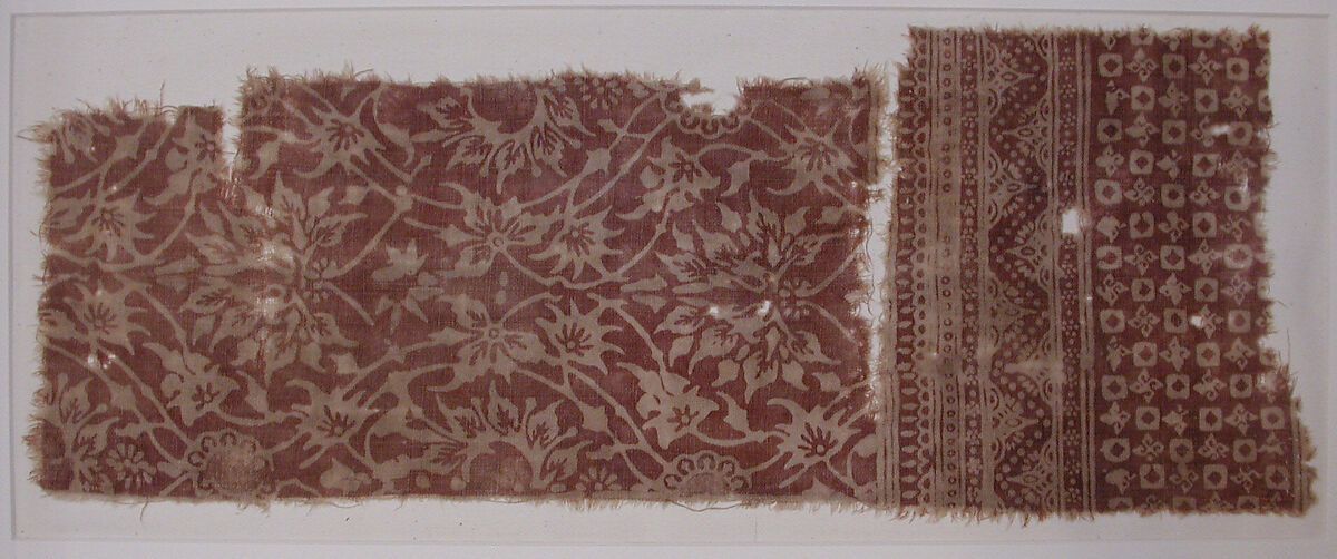 Textile with Lotus and Arabesque Design, Cotton, plain weave; block-printed, mordant dyed