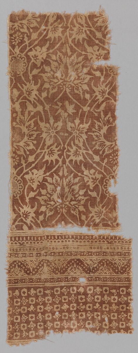 Textile with Lotus and Arabesque Design, Cotton, plain weave; block-printed, mordant dyed 