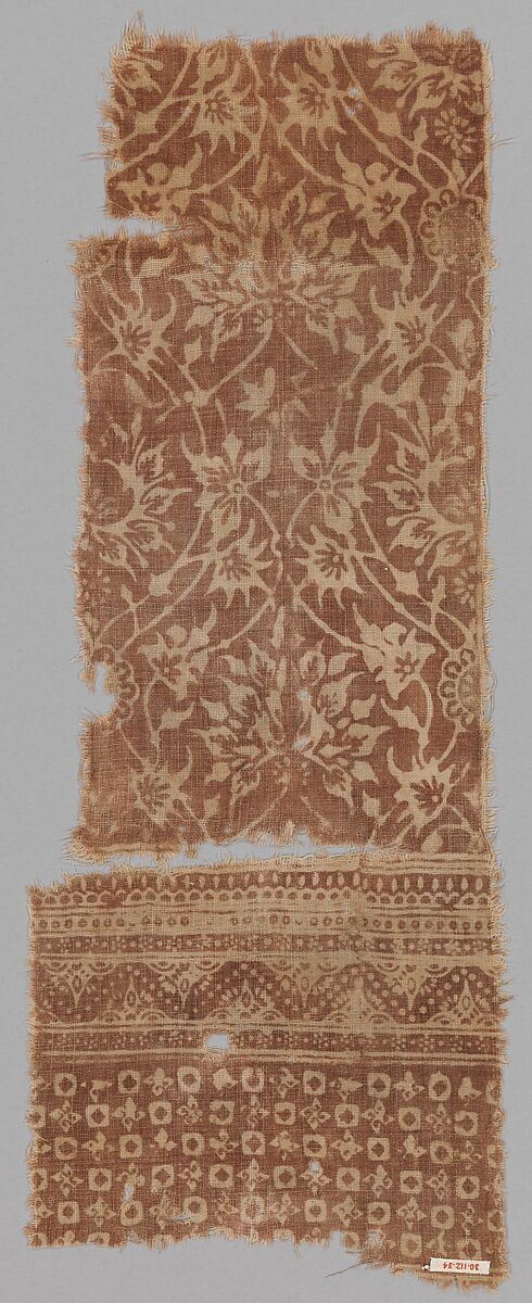Textile with Lotus and Arabesque Design, Cotton, plain weave; block-printed, mordant dyed