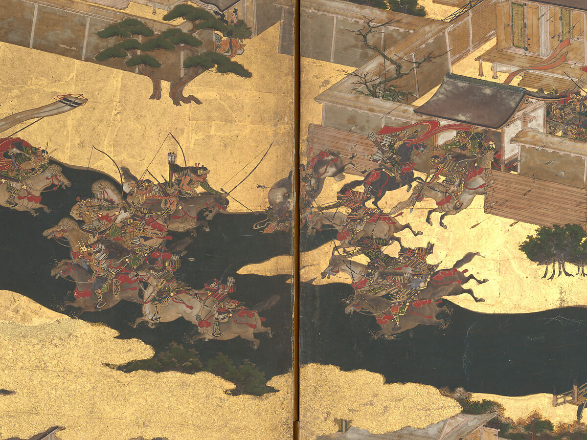 The Rebellions of the Hōgen and Heiji Eras, Pair of six-panel folding screens; ink, color, gold, and gold leaf on paper, Japan