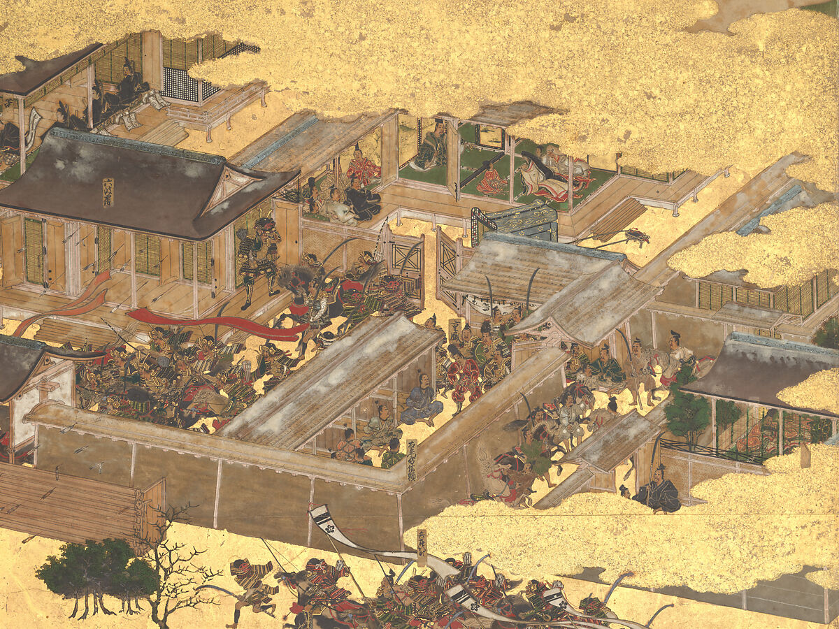 The Rebellions of the Hōgen and Heiji Eras, Pair of six-panel folding screens; ink, color, gold, and gold leaf on paper, Japan