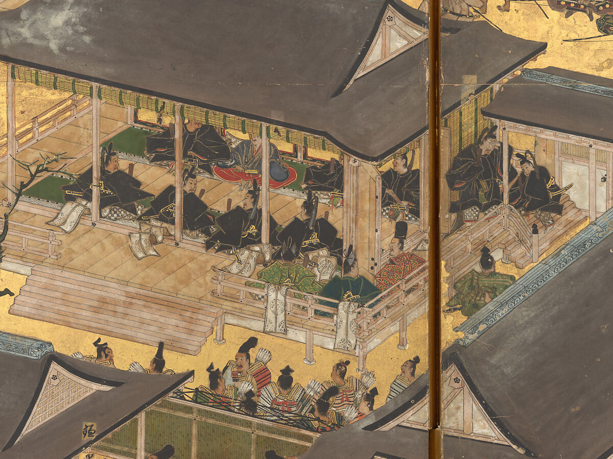 The Rebellions of the Hōgen and Heiji Eras, Pair of six-panel folding screens; ink, color, gold, and gold leaf on paper, Japan