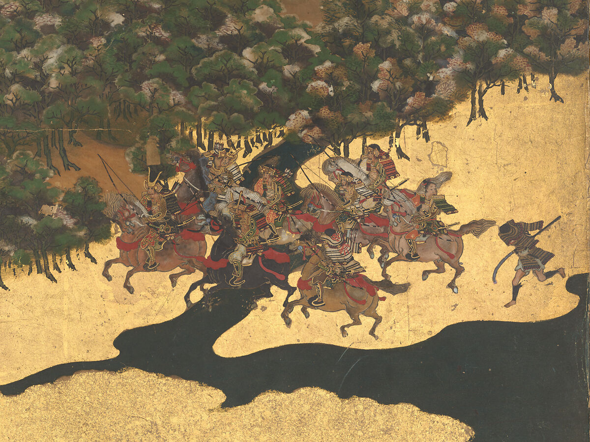 The Rebellions of the Hōgen and Heiji Eras, Pair of six-panel folding screens; ink, color, gold, and gold leaf on paper, Japan