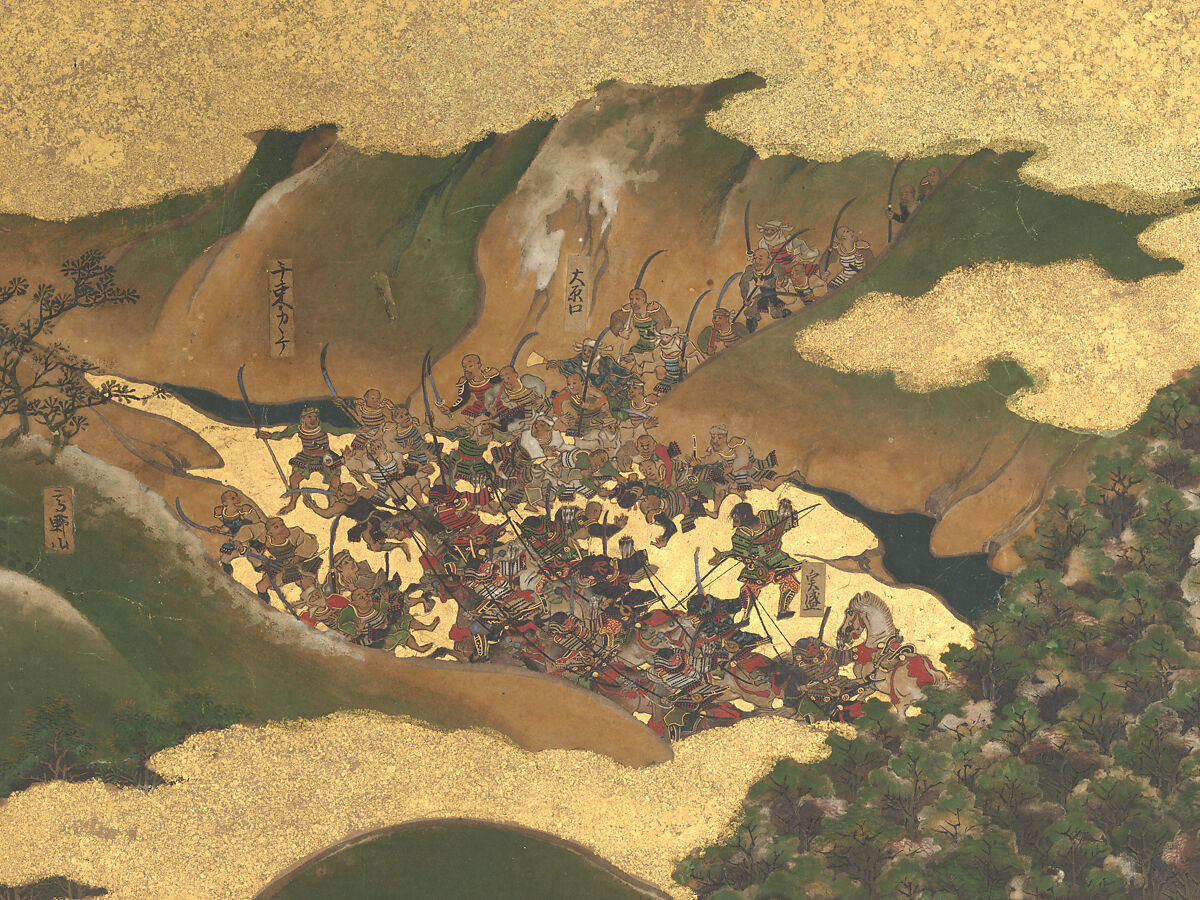 The Rebellions of the Hōgen and Heiji Eras, Pair of six-panel folding screens; ink, color, gold, and gold leaf on paper, Japan