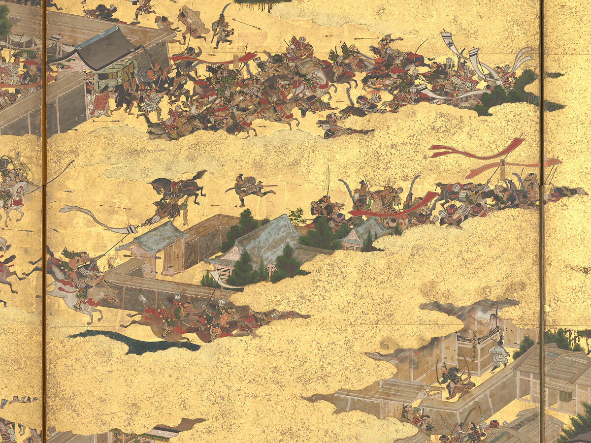 The Rebellions of the Hōgen and Heiji Eras, Pair of six-panel folding screens; ink, color, gold, and gold leaf on paper, Japan