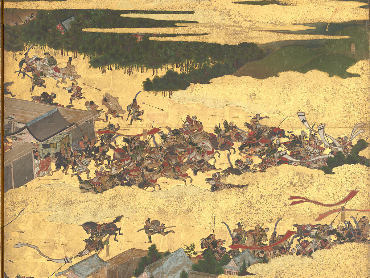 The Rebellions of the Hōgen and Heiji Eras, Pair of six-panel folding screens; ink, color, gold, and gold leaf on paper, Japan