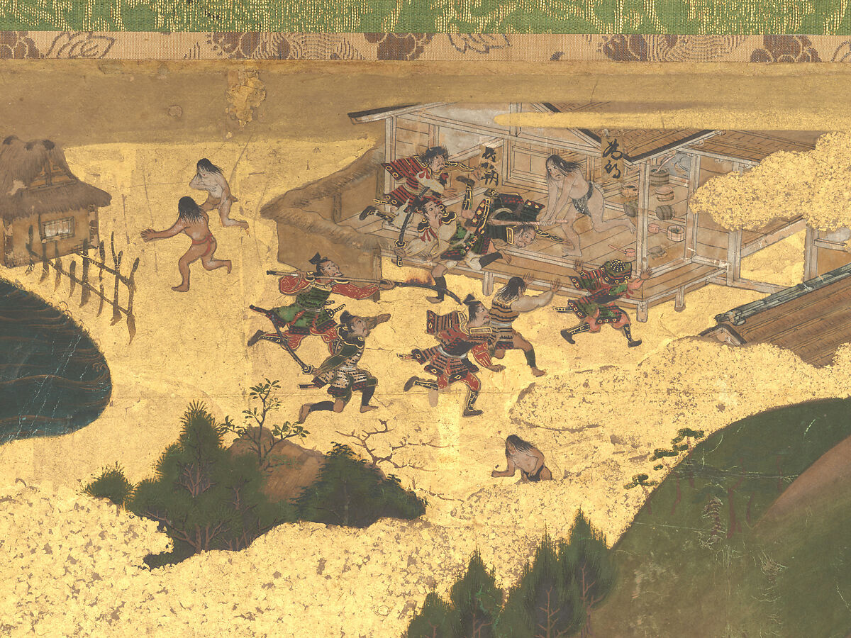 The Rebellions of the Hōgen and Heiji Eras, Pair of six-panel folding screens; ink, color, gold, and gold leaf on paper, Japan