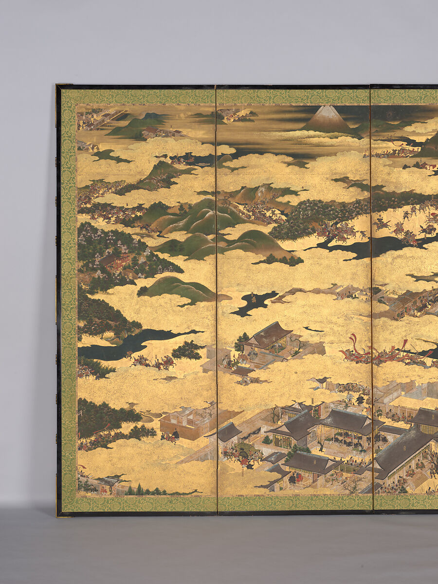 The Rebellions of the Hōgen and Heiji Eras, Pair of six-panel folding screens; ink, color, gold, and gold leaf on paper, Japan