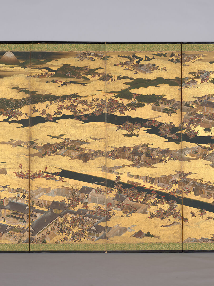 The Rebellions of the Hōgen and Heiji Eras, Pair of six-panel folding screens; ink, color, gold, and gold leaf on paper, Japan
