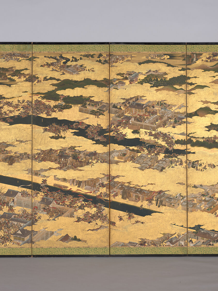 The Rebellions of the Hōgen and Heiji Eras, Pair of six-panel folding screens; ink, color, gold, and gold leaf on paper, Japan