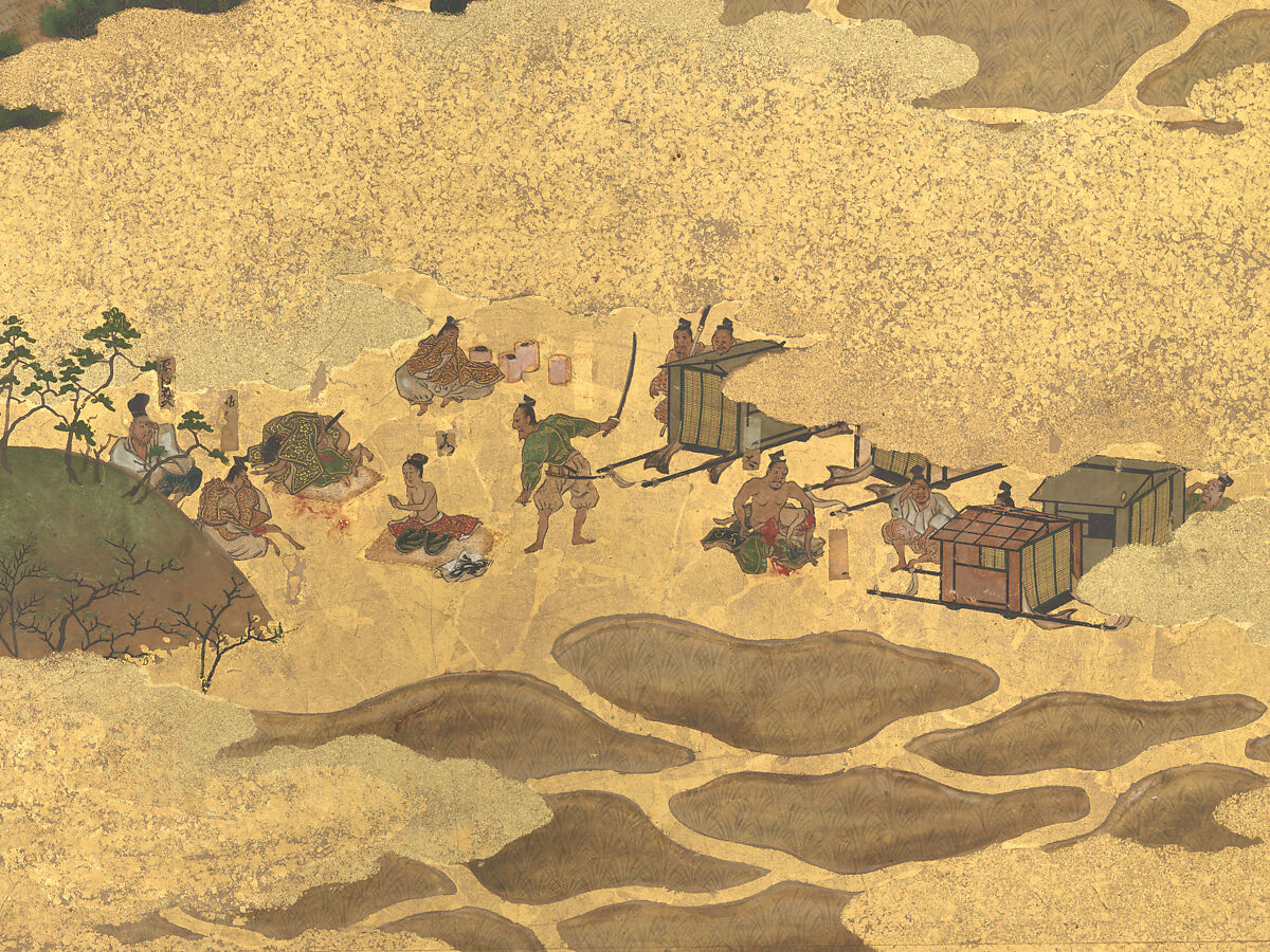 The Rebellions of the Hōgen and Heiji Eras, Pair of six-panel folding screens; ink, color, gold, and gold leaf on paper, Japan