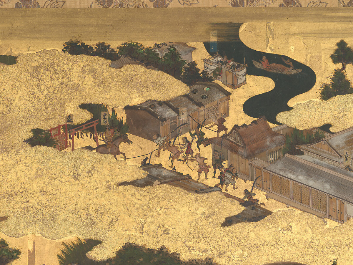 The Rebellions of the Hōgen and Heiji Eras, Pair of six-panel folding screens; ink, color, gold, and gold leaf on paper, Japan