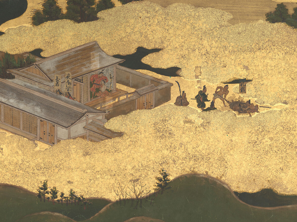 The Rebellions of the Hōgen and Heiji Eras, Pair of six-panel folding screens; ink, color, gold, and gold leaf on paper, Japan