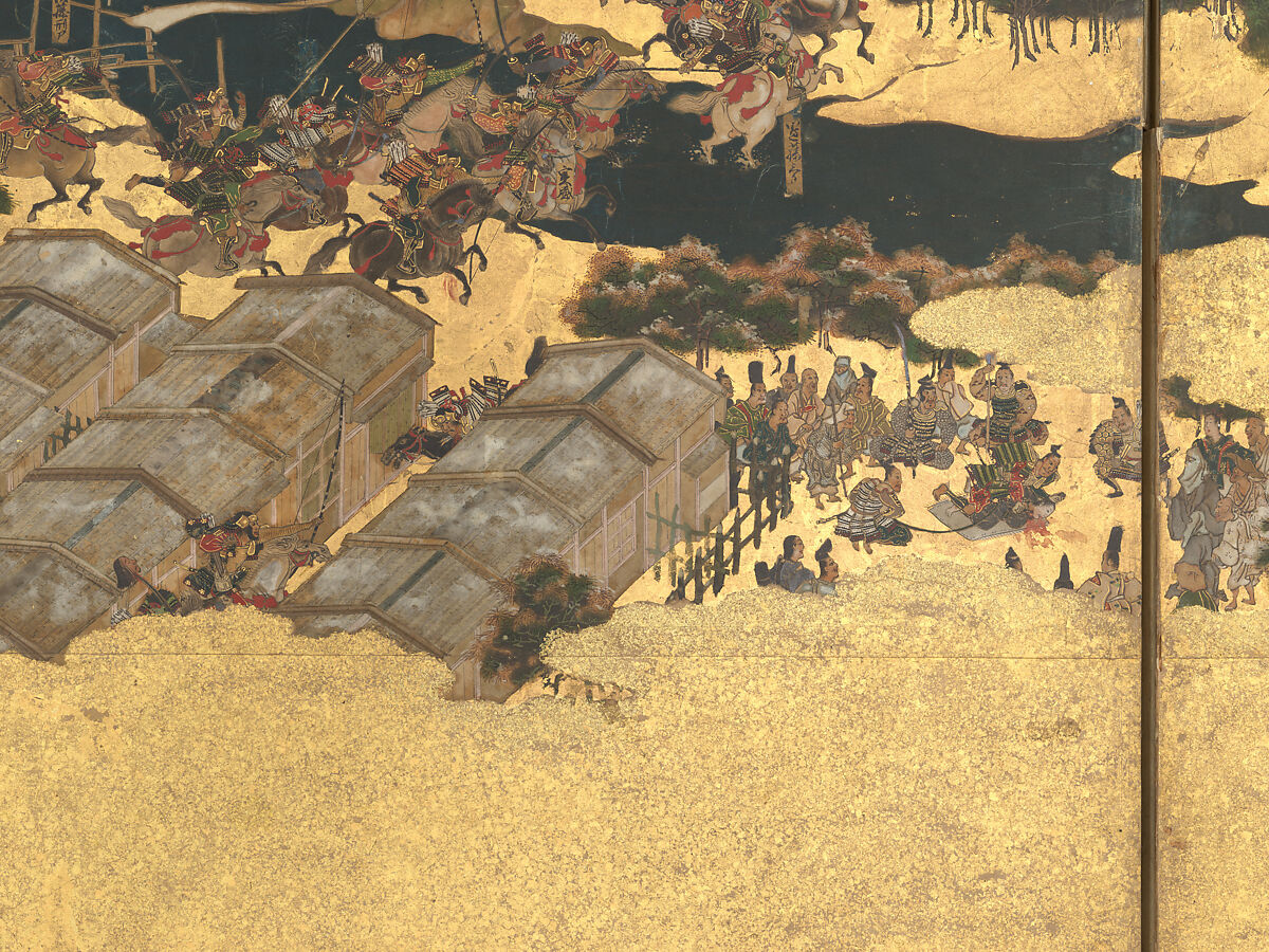 The Rebellions of the Hōgen and Heiji Eras, Pair of six-panel folding screens; ink, color, gold, and gold leaf on paper, Japan