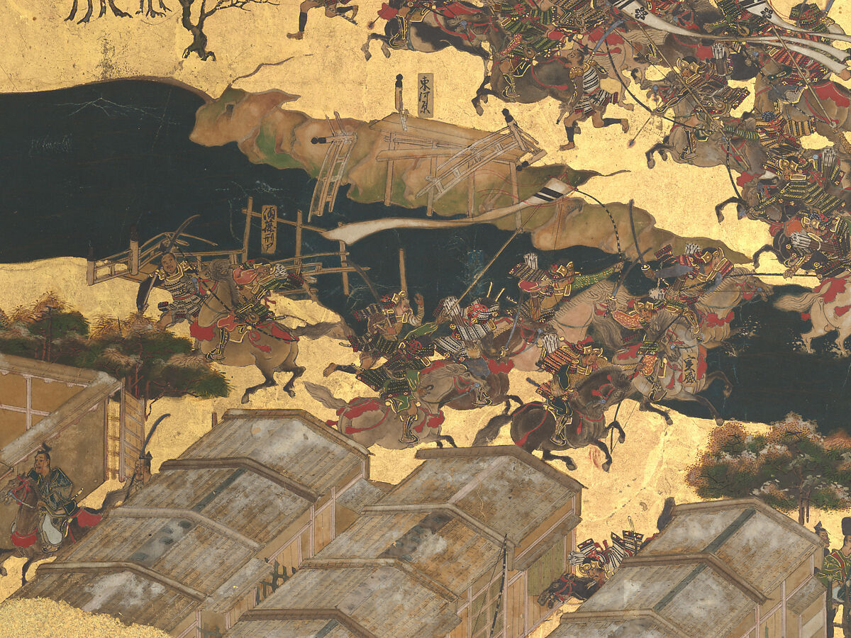 The Rebellions of the Hōgen and Heiji Eras, Pair of six-panel folding screens; ink, color, gold, and gold leaf on paper, Japan