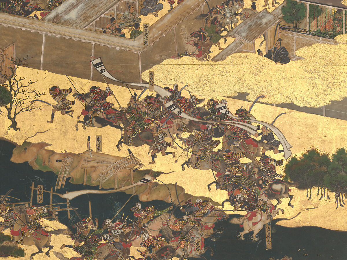 The Rebellions of the Hōgen and Heiji Eras, Pair of six-panel folding screens; ink, color, gold, and gold leaf on paper, Japan