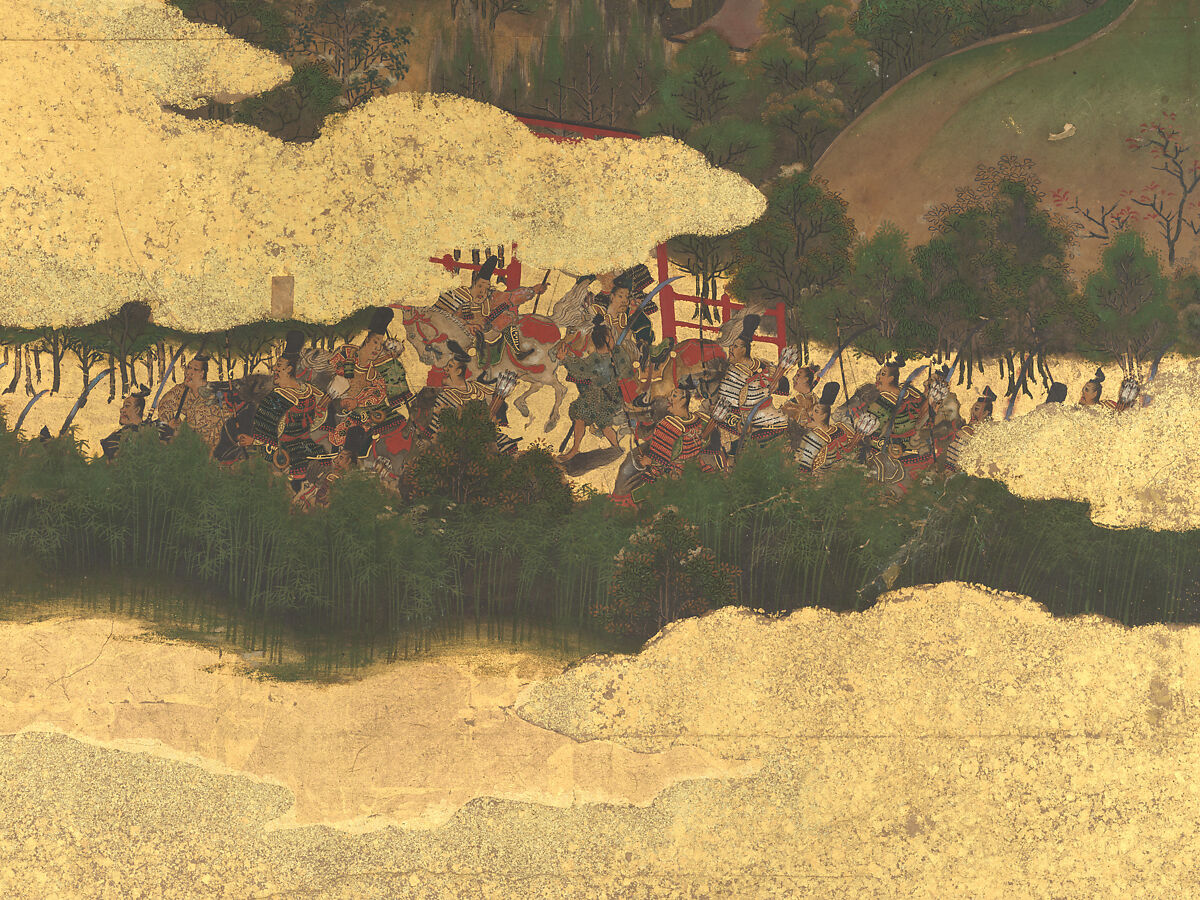 The Rebellions of the Hōgen and Heiji Eras, Pair of six-panel folding screens; ink, color, gold, and gold leaf on paper, Japan