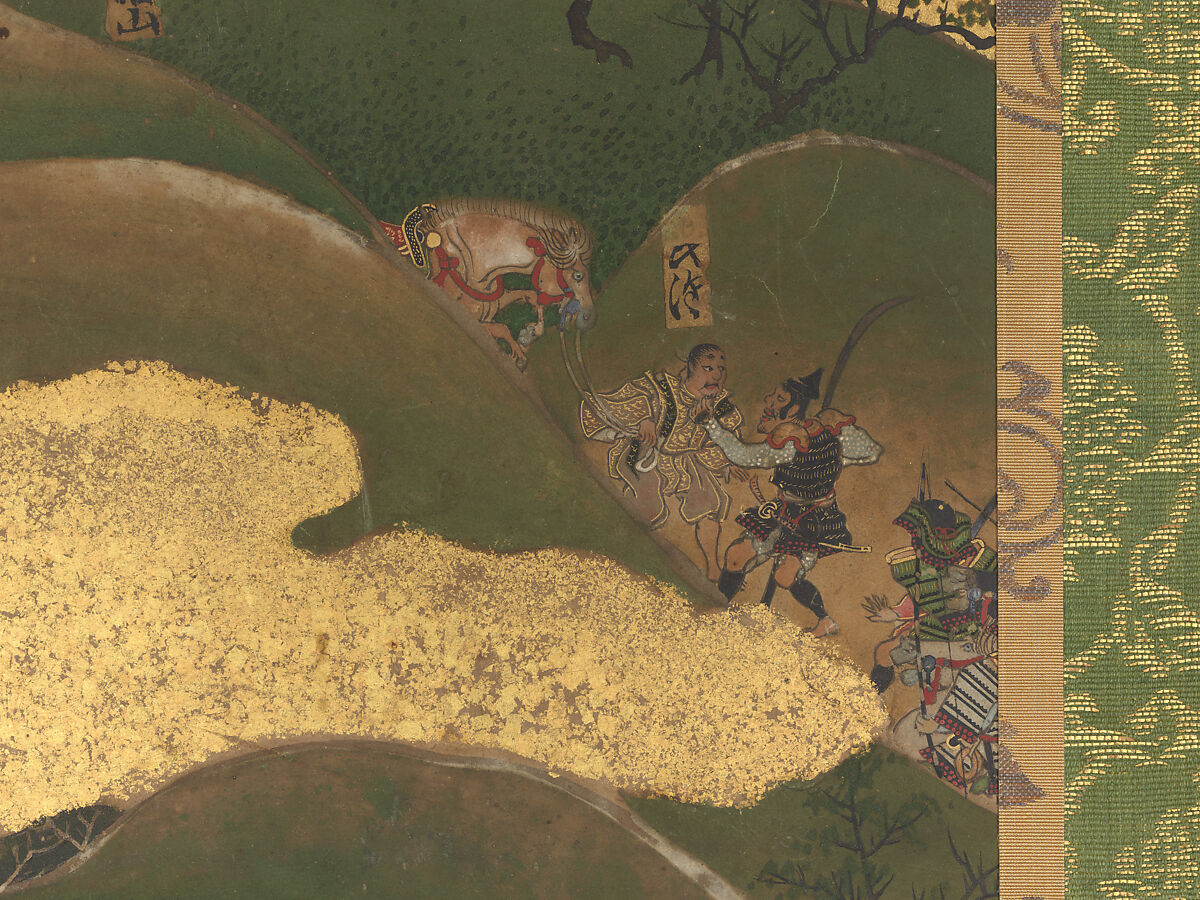 The Rebellions of the Hōgen and Heiji Eras, Pair of six-panel folding screens; ink, color, gold, and gold leaf on paper, Japan