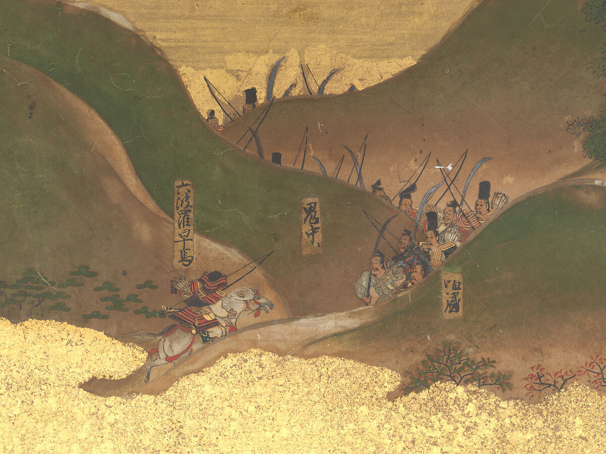 The Rebellions of the Hōgen and Heiji Eras, Pair of six-panel folding screens; ink, color, gold, and gold leaf on paper, Japan