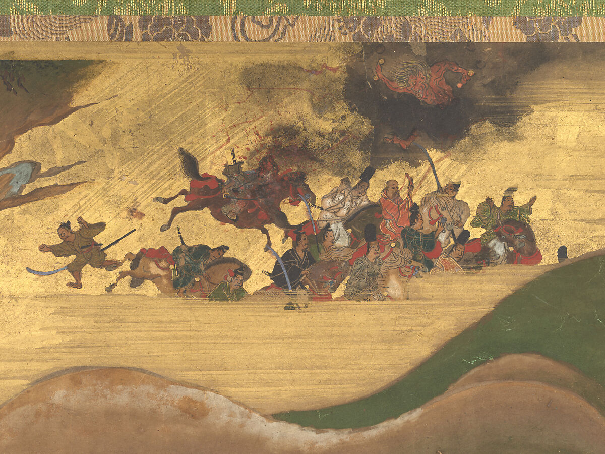 The Rebellions of the Hōgen and Heiji Eras, Pair of six-panel folding screens; ink, color, gold, and gold leaf on paper, Japan