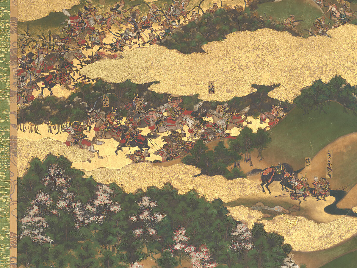 The Rebellions of the Hōgen and Heiji Eras, Pair of six-panel folding screens; ink, color, gold, and gold leaf on paper, Japan