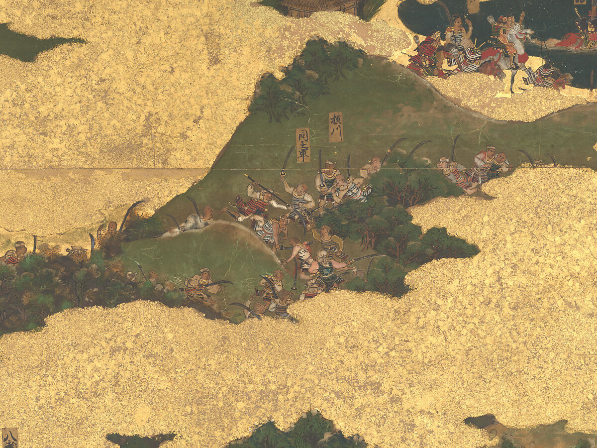 The Rebellions of the Hōgen and Heiji Eras, Pair of six-panel folding screens; ink, color, gold, and gold leaf on paper, Japan