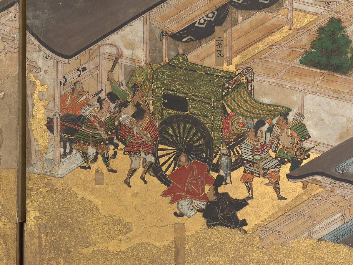 The Rebellions of the Hōgen and Heiji Eras, Pair of six-panel folding screens; ink, color, gold, and gold leaf on paper, Japan