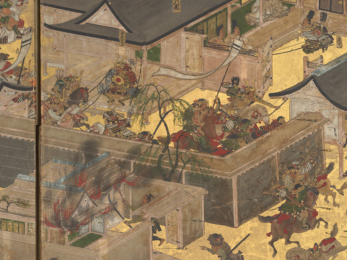 The Rebellions of the Hōgen and Heiji Eras, Pair of six-panel folding screens; ink, color, gold, and gold leaf on paper, Japan