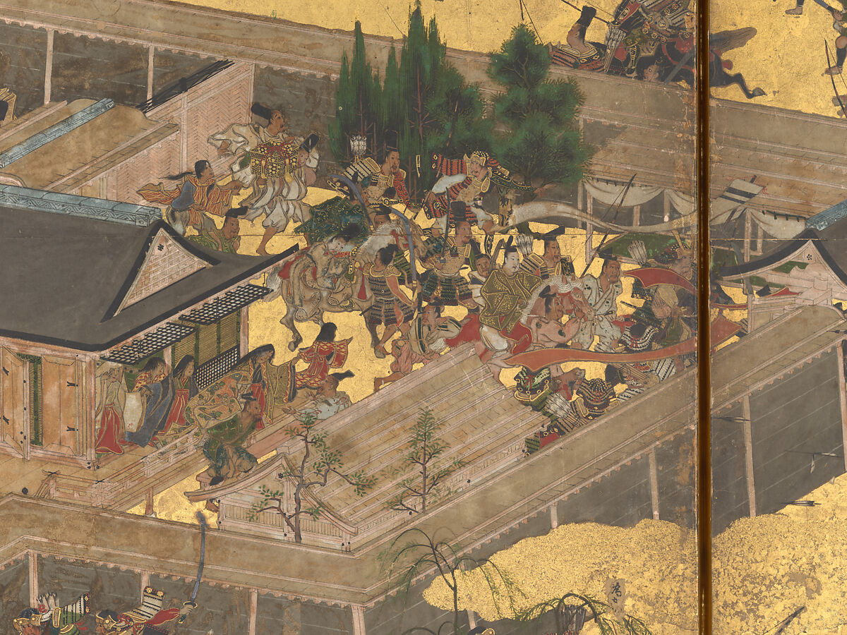 The Rebellions of the Hōgen and Heiji Eras, Pair of six-panel folding screens; ink, color, gold, and gold leaf on paper, Japan