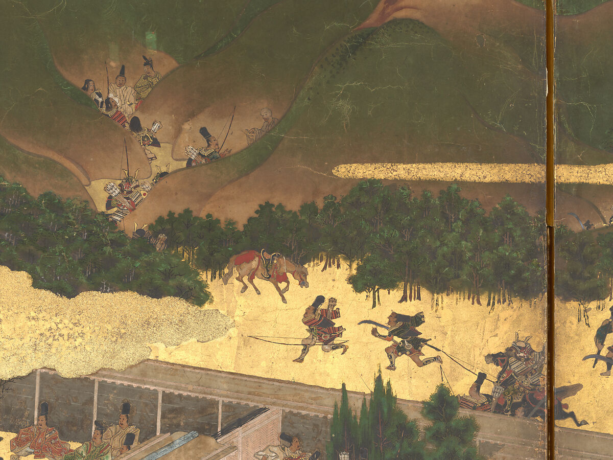 The Rebellions of the Hōgen and Heiji Eras, Pair of six-panel folding screens; ink, color, gold, and gold leaf on paper, Japan