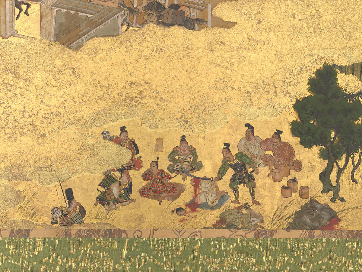 The Rebellions of the Hōgen and Heiji Eras, Pair of six-panel folding screens; ink, color, gold, and gold leaf on paper, Japan