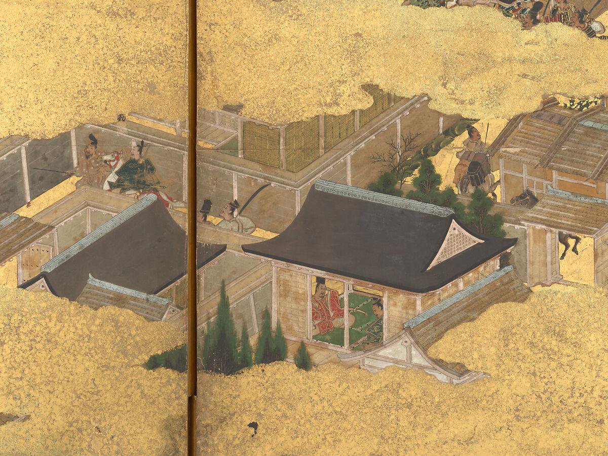 The Rebellions of the Hōgen and Heiji Eras, Pair of six-panel folding screens; ink, color, gold, and gold leaf on paper, Japan