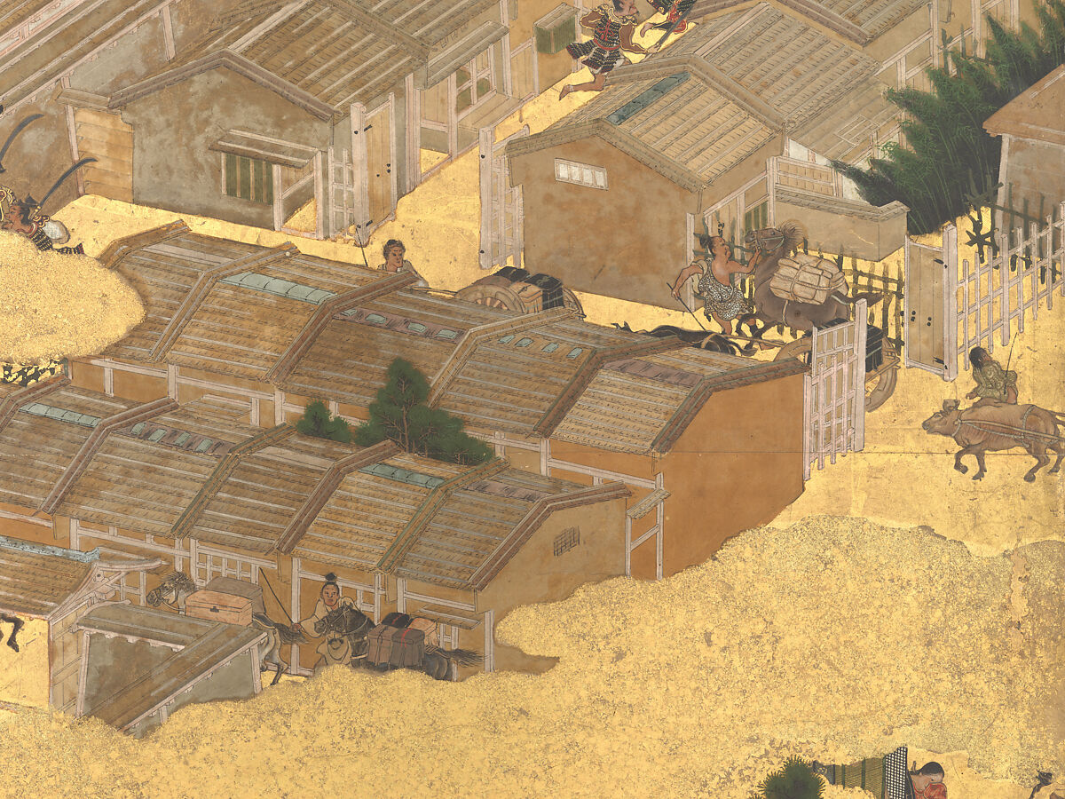 The Rebellions of the Hōgen and Heiji Eras, Pair of six-panel folding screens; ink, color, gold, and gold leaf on paper, Japan