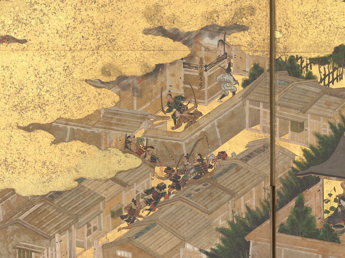 The Rebellions of the Hōgen and Heiji Eras, Pair of six-panel folding screens; ink, color, gold, and gold leaf on paper, Japan