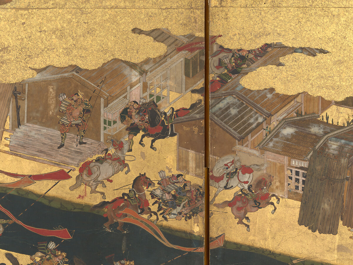 The Rebellions of the Hōgen and Heiji Eras, Pair of six-panel folding screens; ink, color, gold, and gold leaf on paper, Japan