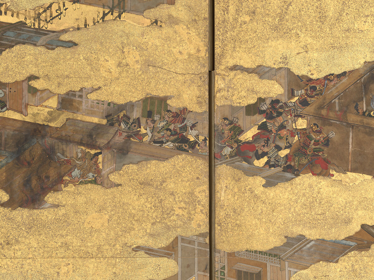 The Rebellions of the Hōgen and Heiji Eras, Pair of six-panel folding screens; ink, color, gold, and gold leaf on paper, Japan