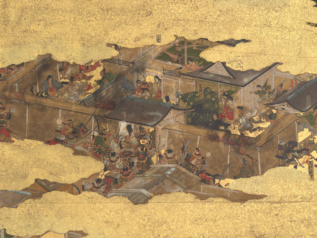The Rebellions of the Hōgen and Heiji Eras, Pair of six-panel folding screens; ink, color, gold, and gold leaf on paper, Japan