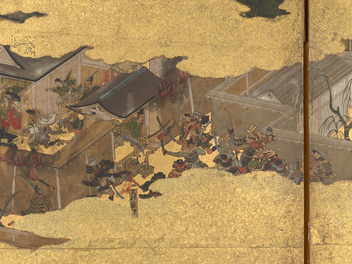 The Rebellions of the Hōgen and Heiji Eras, Pair of six-panel folding screens; ink, color, gold, and gold leaf on paper, Japan