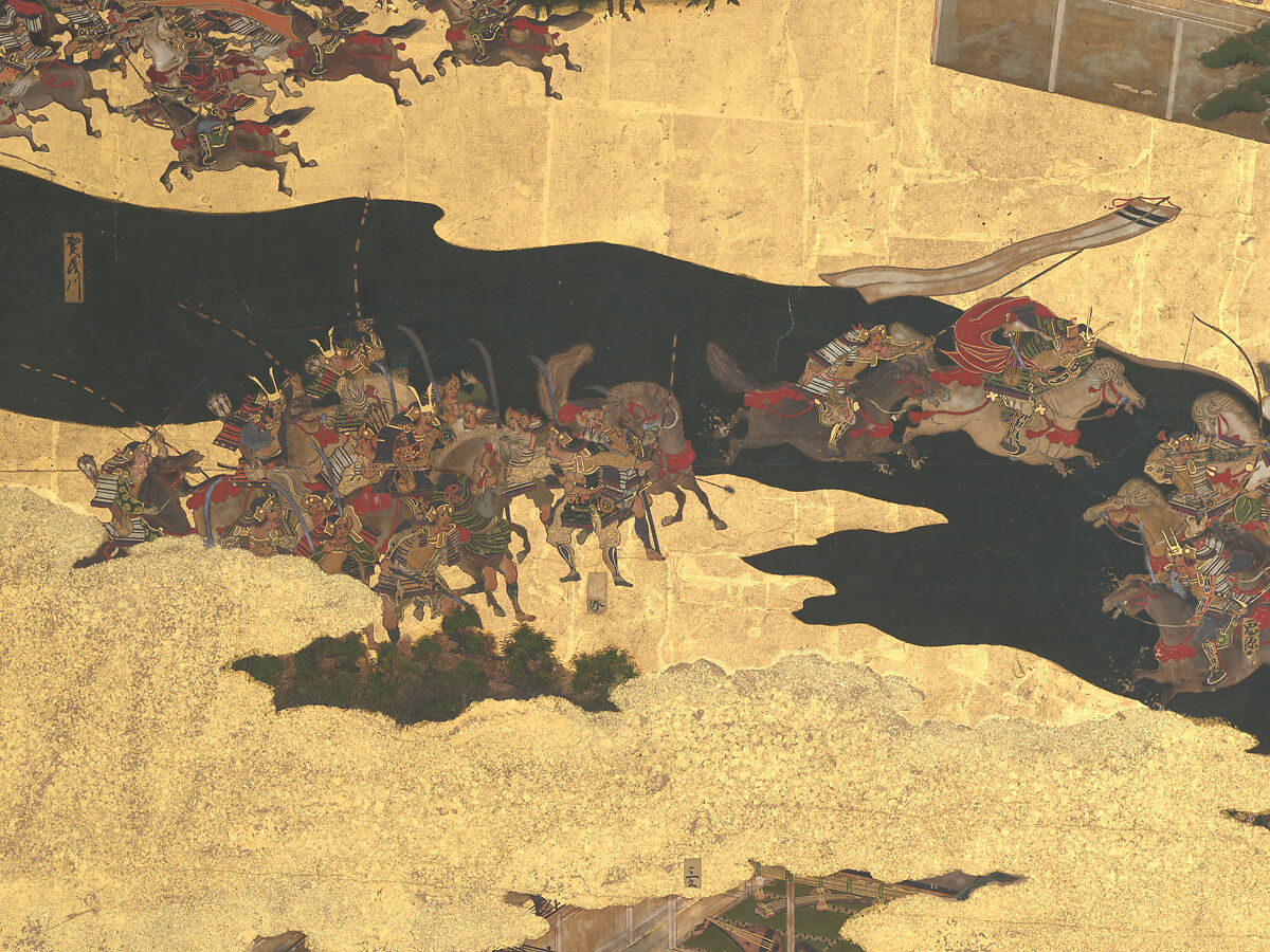 The Rebellions of the Hōgen and Heiji Eras, Pair of six-panel folding screens; ink, color, gold, and gold leaf on paper, Japan
