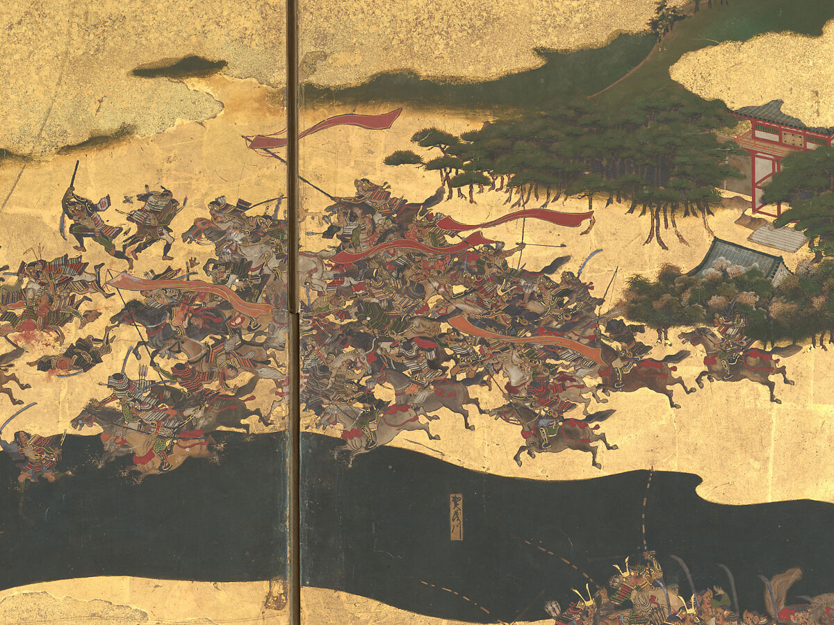 The Rebellions of the Hōgen and Heiji Eras, Pair of six-panel folding screens; ink, color, gold, and gold leaf on paper, Japan