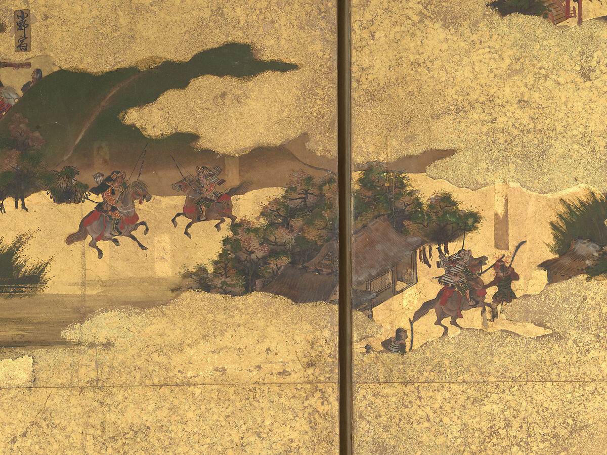 The Rebellions of the Hōgen and Heiji Eras, Pair of six-panel folding screens; ink, color, gold, and gold leaf on paper, Japan