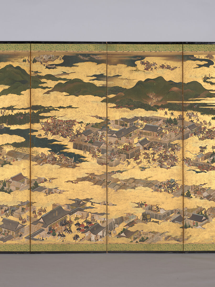 The Rebellions of the Hōgen and Heiji Eras, Pair of six-panel folding screens; ink, color, gold, and gold leaf on paper, Japan