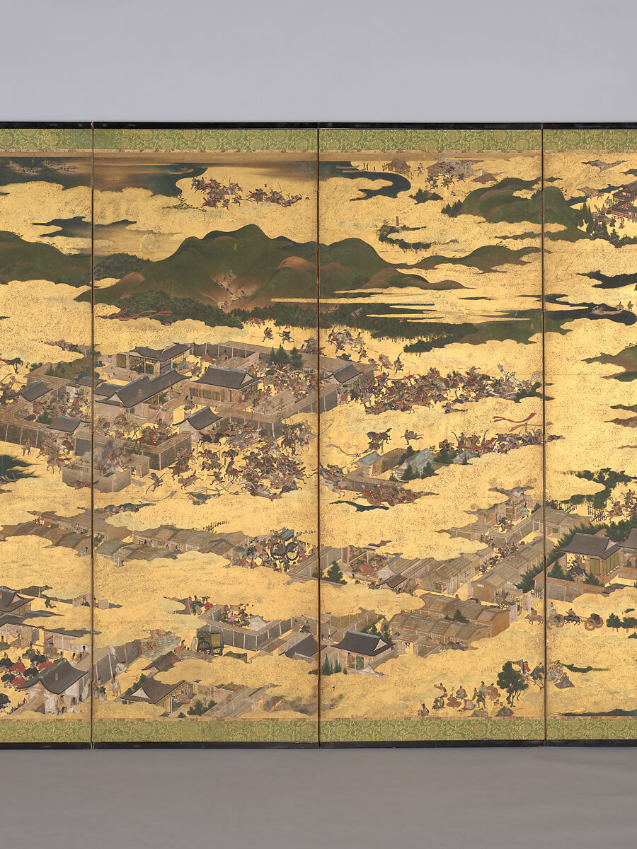 The Rebellions of the Hōgen and Heiji Eras, Pair of six-panel folding screens; ink, color, gold, and gold leaf on paper, Japan