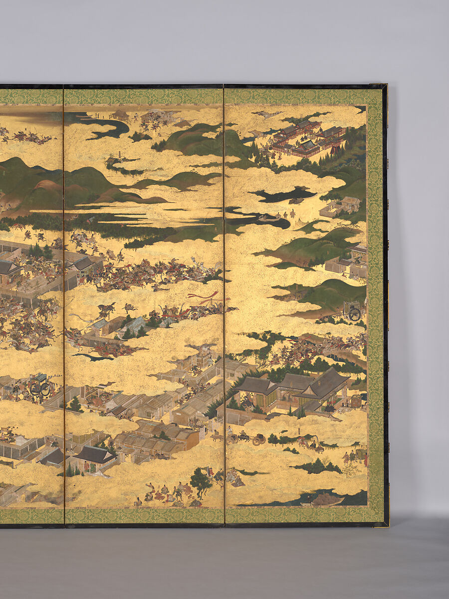 The Rebellions of the Hōgen and Heiji Eras, Pair of six-panel folding screens; ink, color, gold, and gold leaf on paper, Japan