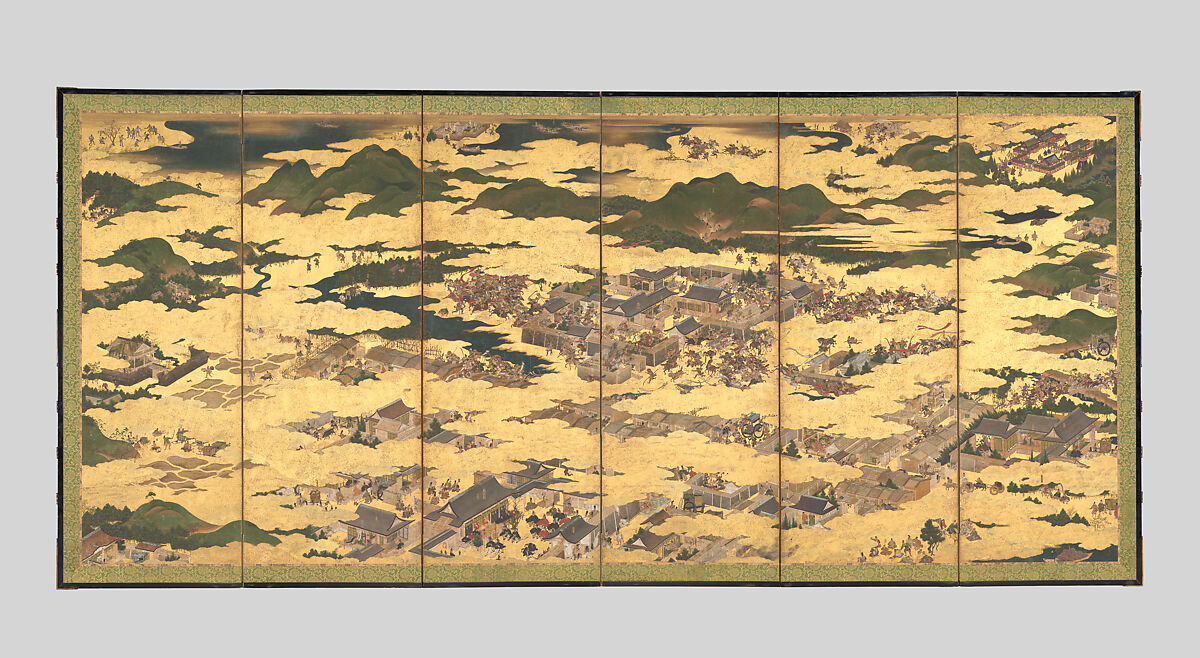 The Rebellions of the Hōgen and Heiji Eras, Pair of six-panel folding screens; ink, color, gold, and gold leaf on paper, Japan