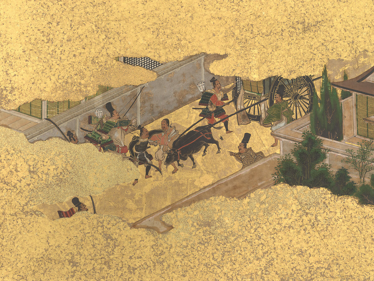 The Rebellions of the Hōgen and Heiji Eras, Pair of six-panel folding screens; ink, color, gold, and gold leaf on paper, Japan