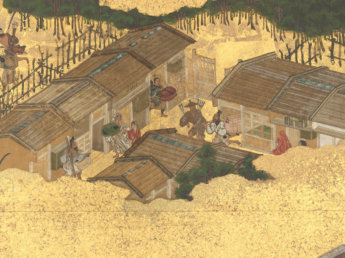 The Rebellions of the Hōgen and Heiji Eras, Pair of six-panel folding screens; ink, color, gold, and gold leaf on paper, Japan